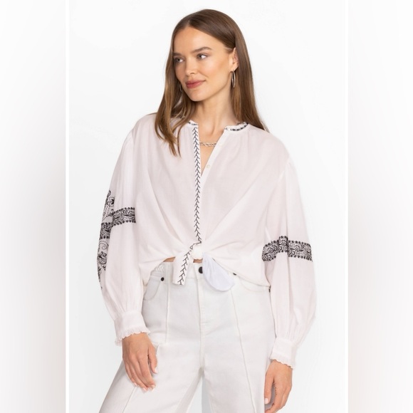 Johnny Was‎ JADE Kivi Blouse White Cotton Embroidered Long Sleeve Small NWT - Picture 1 of 14